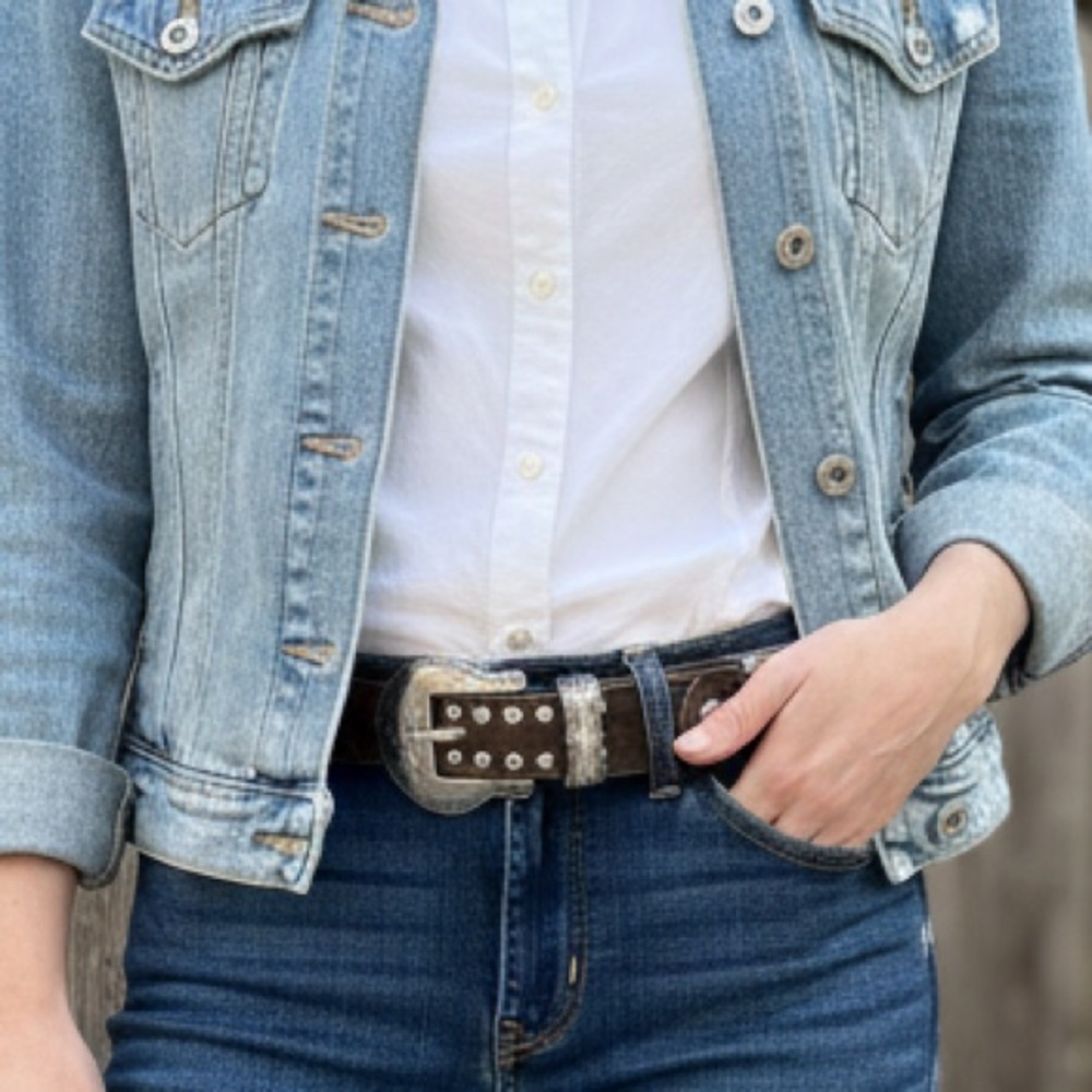 Western flair Studded Brown Leather Belt with mesh metal and crystal